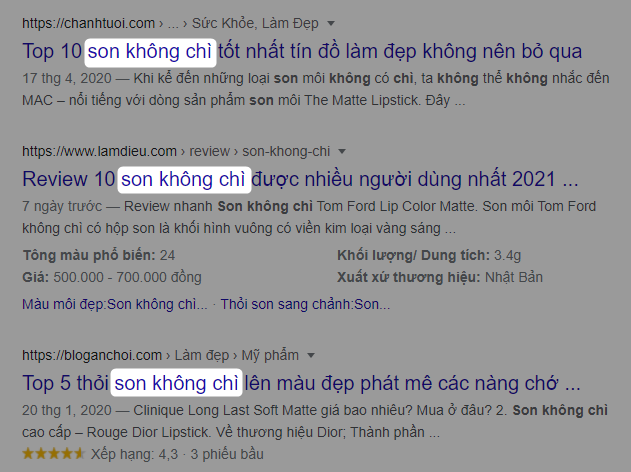 Kết quả tìm kiếm son không chì trên Google