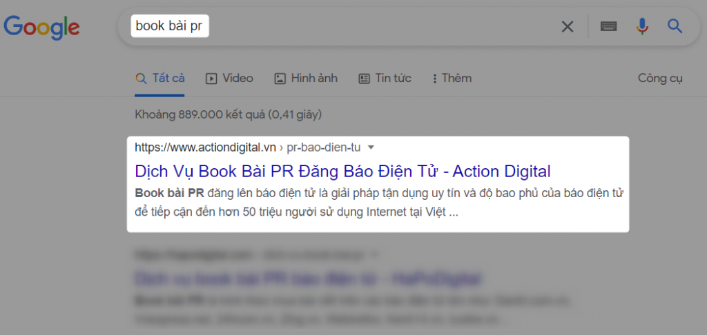 ví dụ nhắm đúng từ khóa - book bài pr