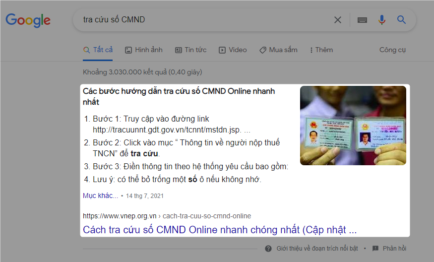 Featured Snippet - Trích dẫn nổi bật của keyword "tra cứu CMND"