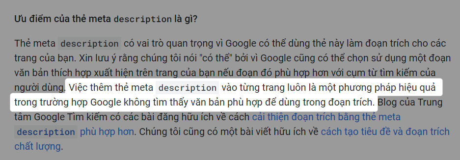 Cẩm nang của Google nói rằng các trang của bạn cần điền nội dung vào thẻ Meta