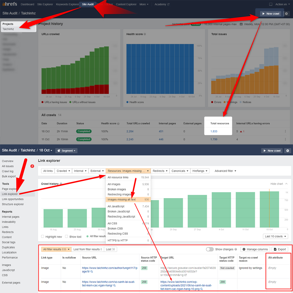 Hướng dẫn sử dụng Ahrefs tìm hình ảnh thiếu Alt text