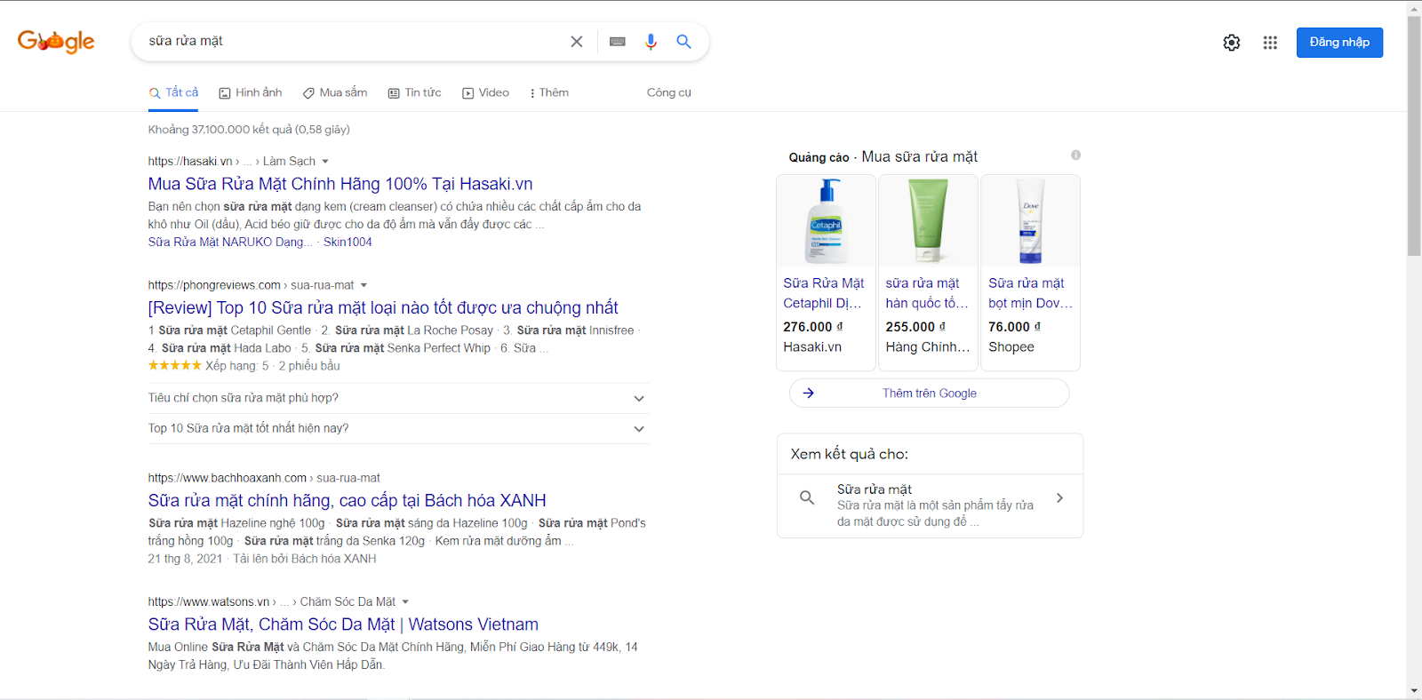 Kết quả tìm kiếm từ khóa sữa rửa mặt trên Google Search