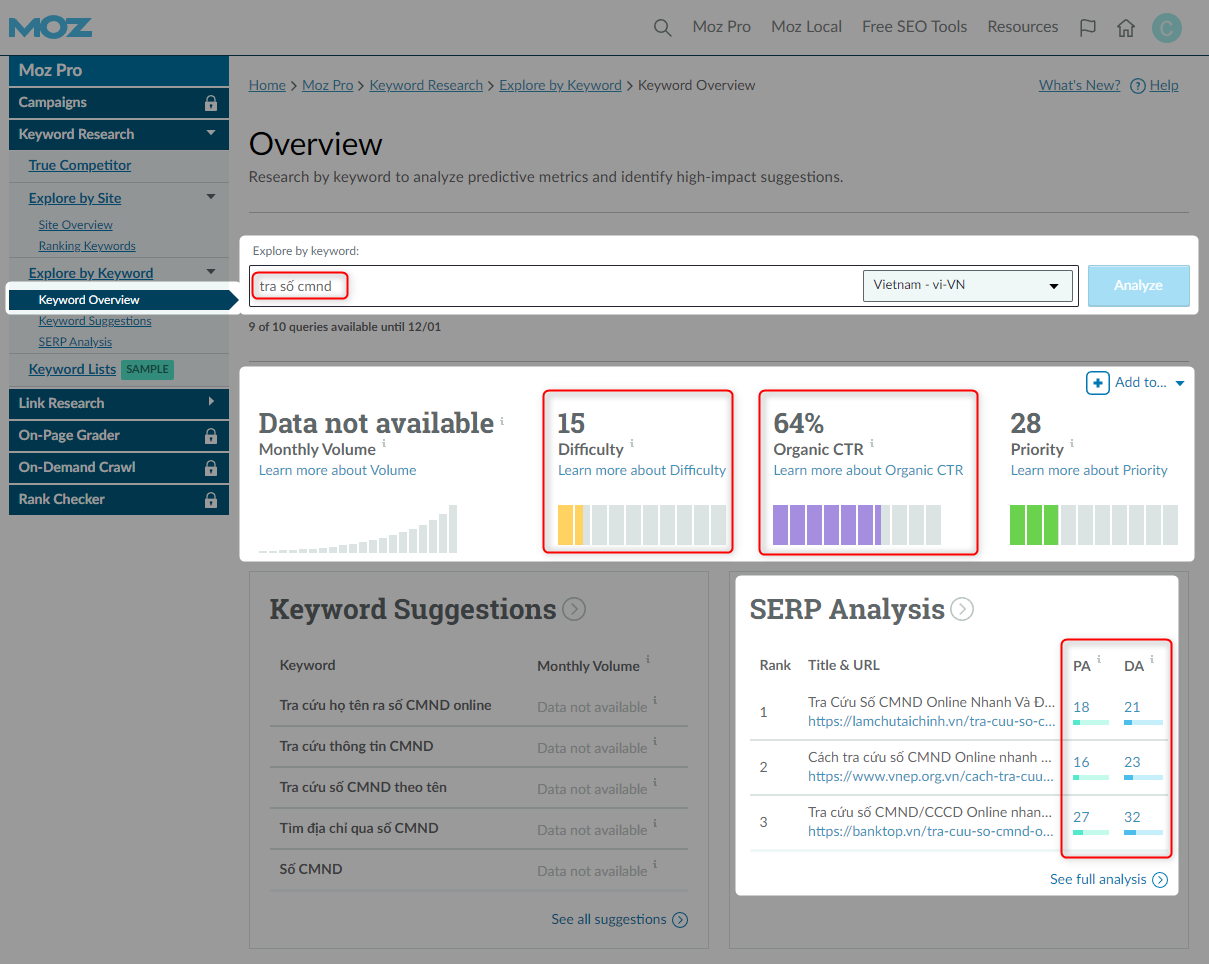 Kiểm tra độ khó từ khóa bằng Moz Pro 