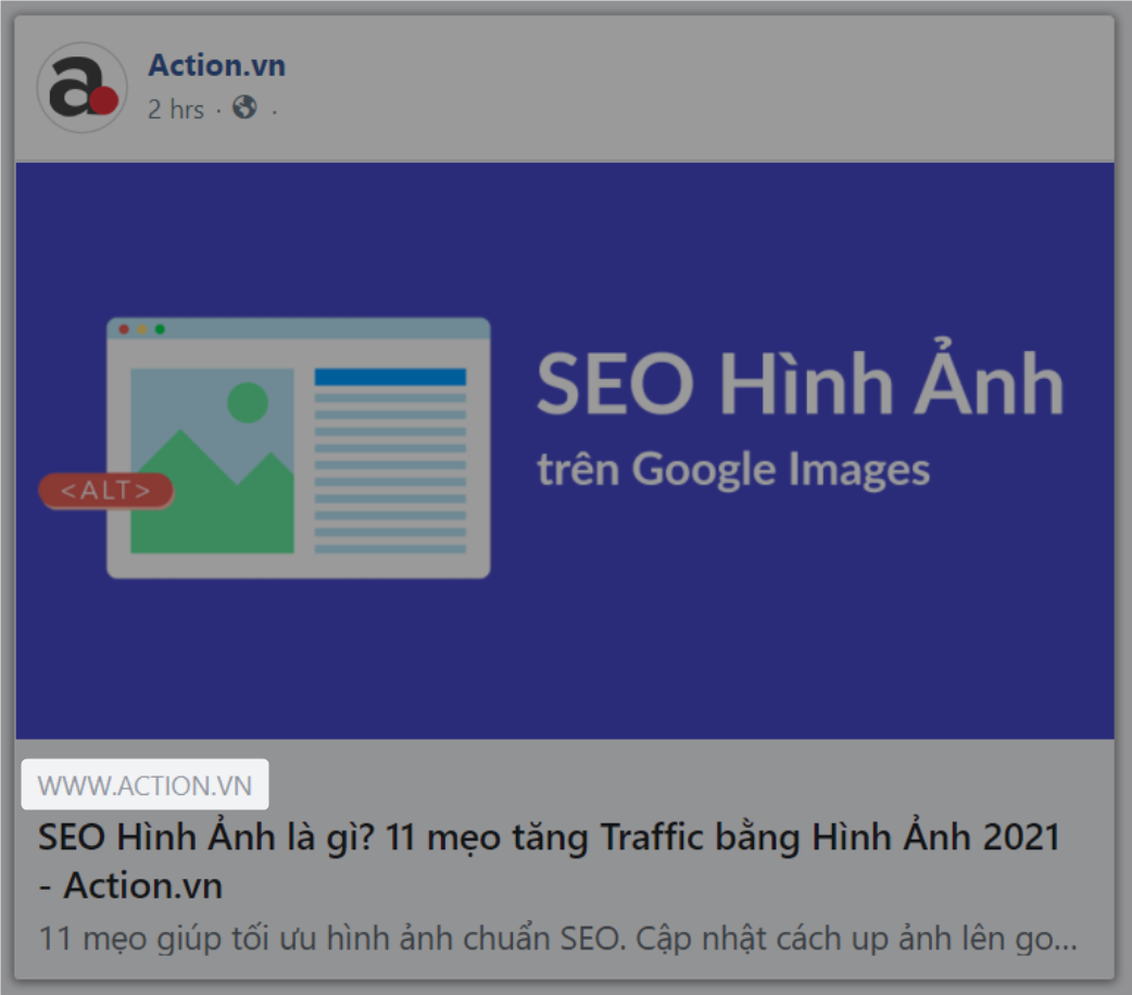 Tên miền của website được hiển thị trên phần xem trước liên kết của Facebook