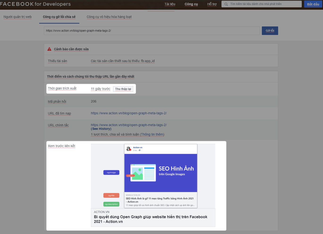 Xem trước liên kết trên Facebook sau khi đã gỡ lỗi
