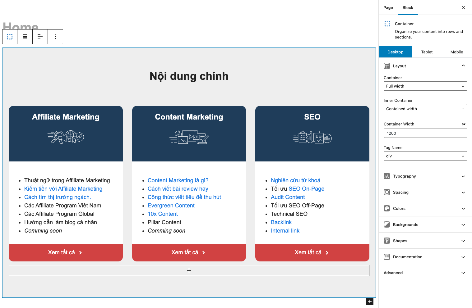 Block editor sử dụng GenerateBlocks
