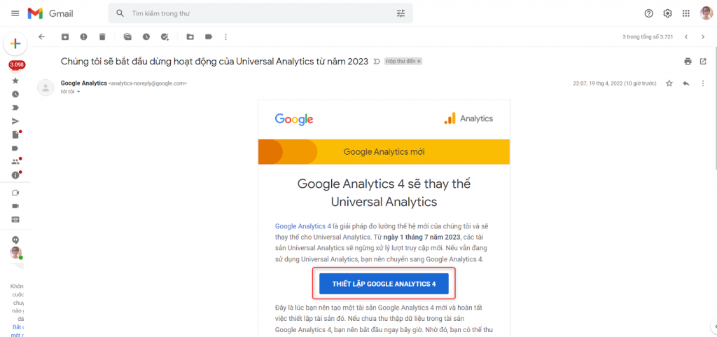 Nhận mail thiết lập Google Analytics 4