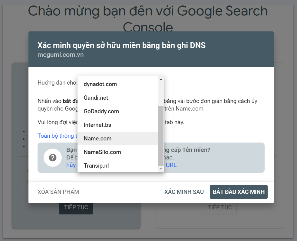 Tìm nhà cung cấp DNS trong google search console