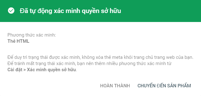 Xác minh bằng thẻ HTML thành công