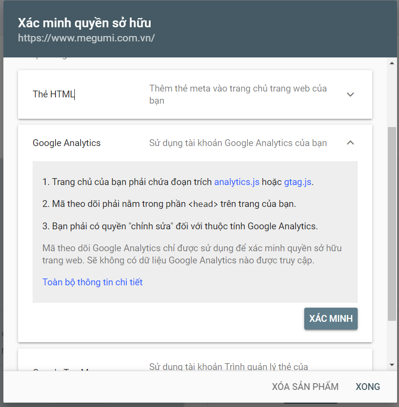 xác minh Google Analytics trong Google Search Console