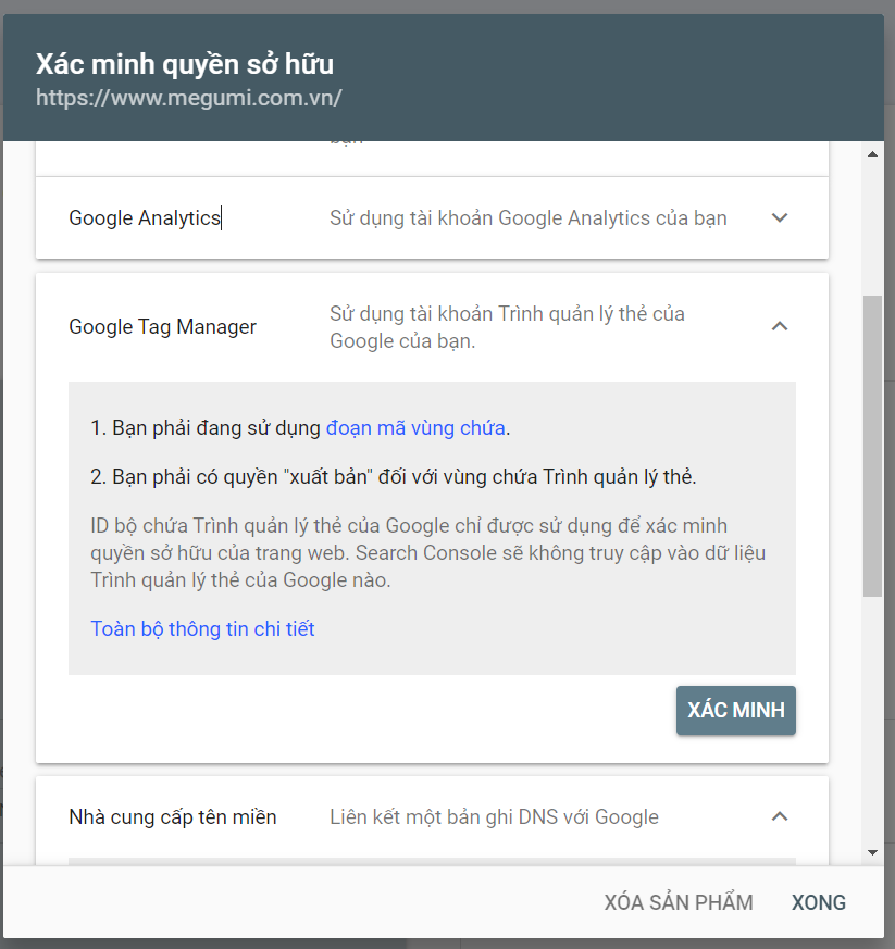 xác minh Google Tag Manager trong Google Search Console