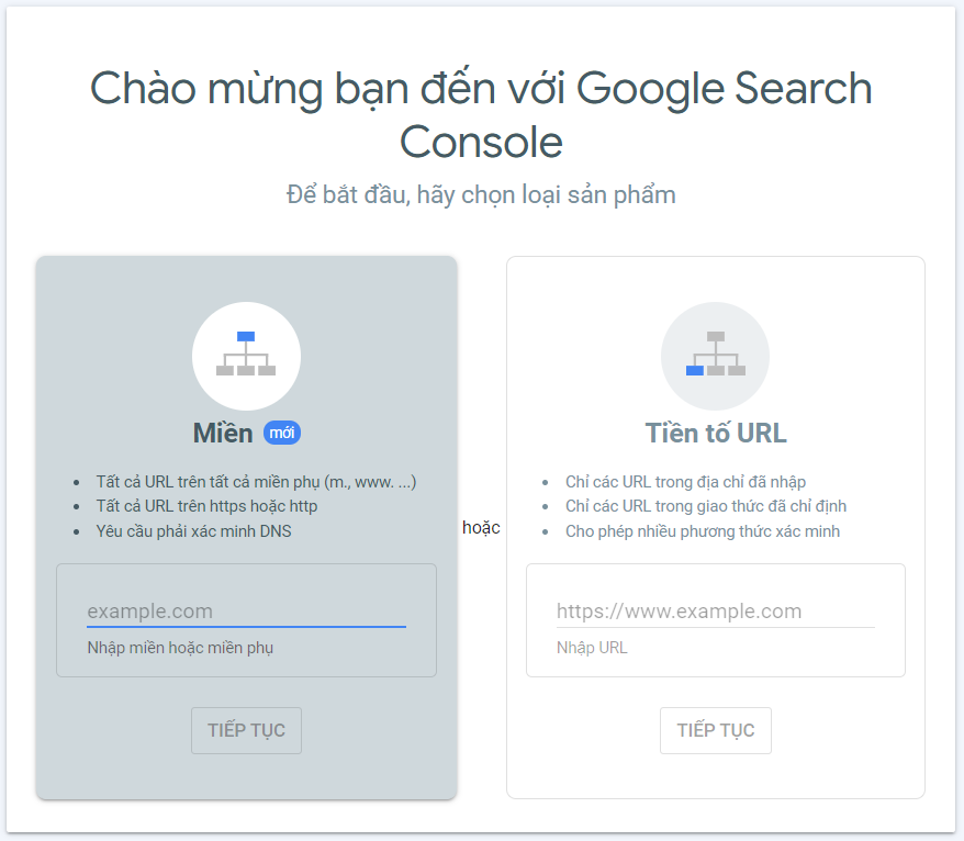 xác minh trang web là qua "Miền" hoặc qua "Tiền tố URL"