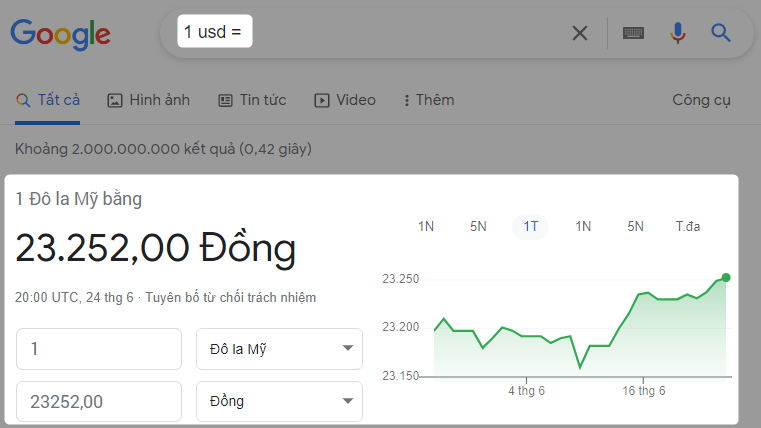 Kết quả tìm kiếm Google với cụm từ "1 usd ="