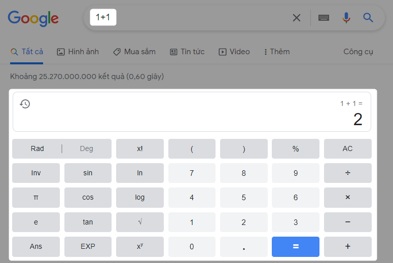 Kết quả tìm kiếm Google với cụm từ "1+1"