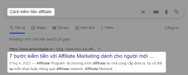 Kết quả tìm kiếm Google với cụm từ "Cách kiếm tiền affiliate"