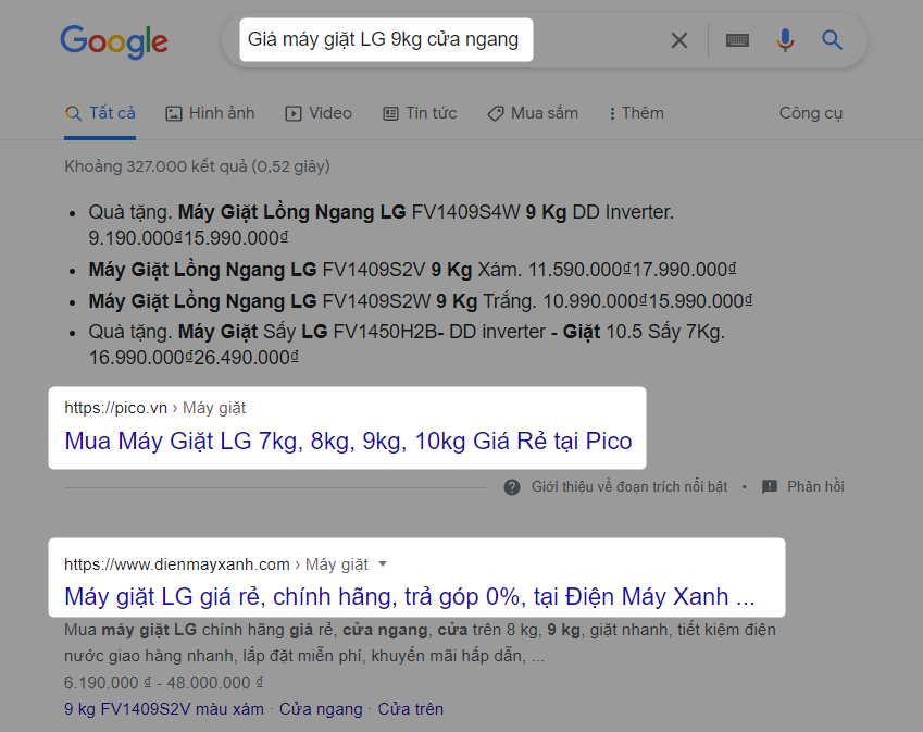 Kết quả tìm kiếm Google với cụm từ "Giá máy giặt LG 9kg cửa ngang"