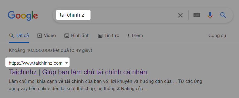 Kết quả tìm kiếm Google với cụm từ "Tài Chính Z"