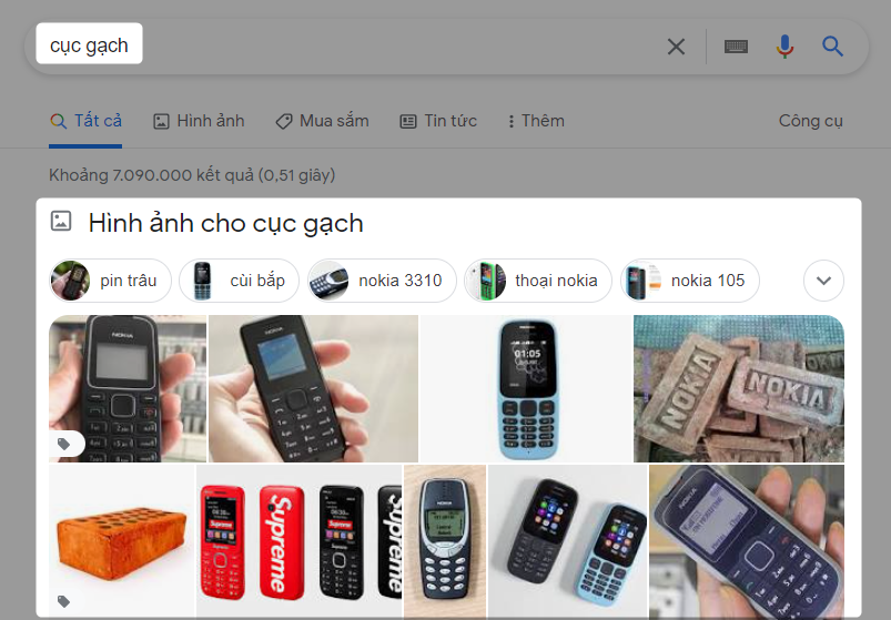 Kết quả tìm kiếm Google với cụm từ "cục gạch"