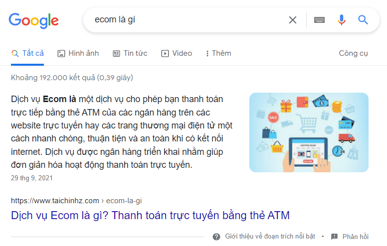 Kết quả tìm kiếm Google với cụm từ "ecom là gì" (dạng Featured Snippets)