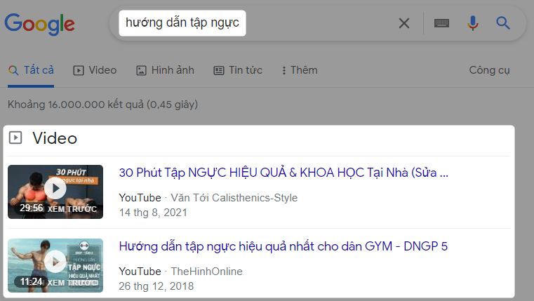 Kết quả tìm kiếm Google với cụm từ "hướng dẫn tập ngực"