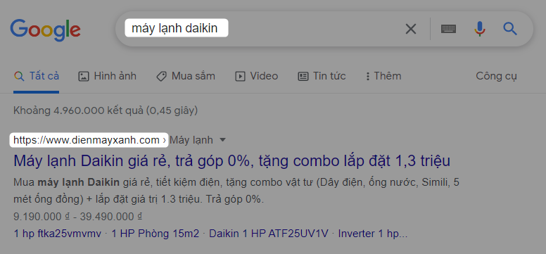 Kết quả tìm kiếm Google với cụm từ "máy lạnh daikin"