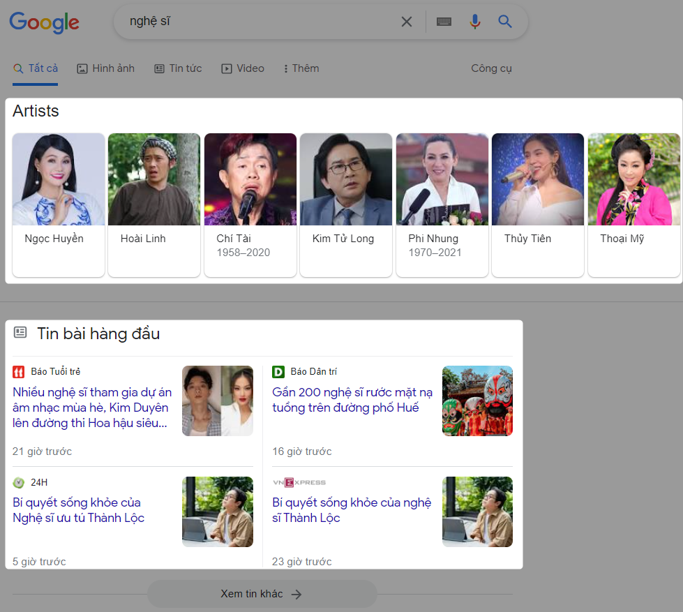 Kết quả tìm kiếm Google với cụm từ "nghệ sĩ"