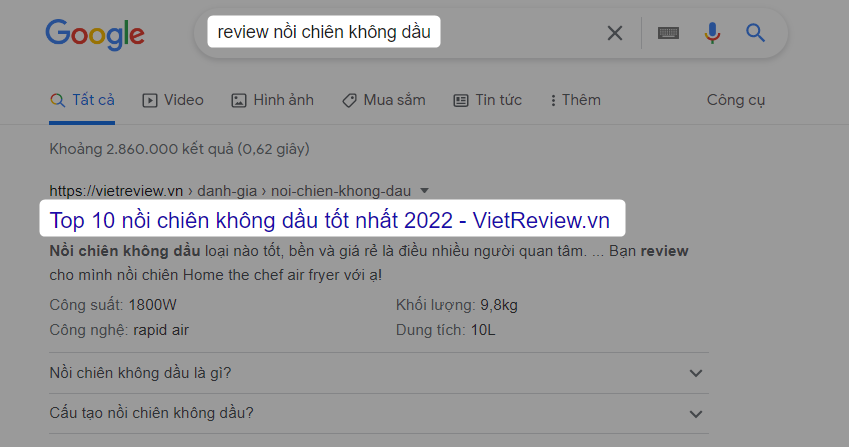 Kết quả tìm kiếm Google với cụm từ "review nồi chiên không dầu"