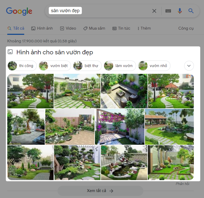 Kết quả tìm kiếm Google với cụm từ "sân vườn đẹp"