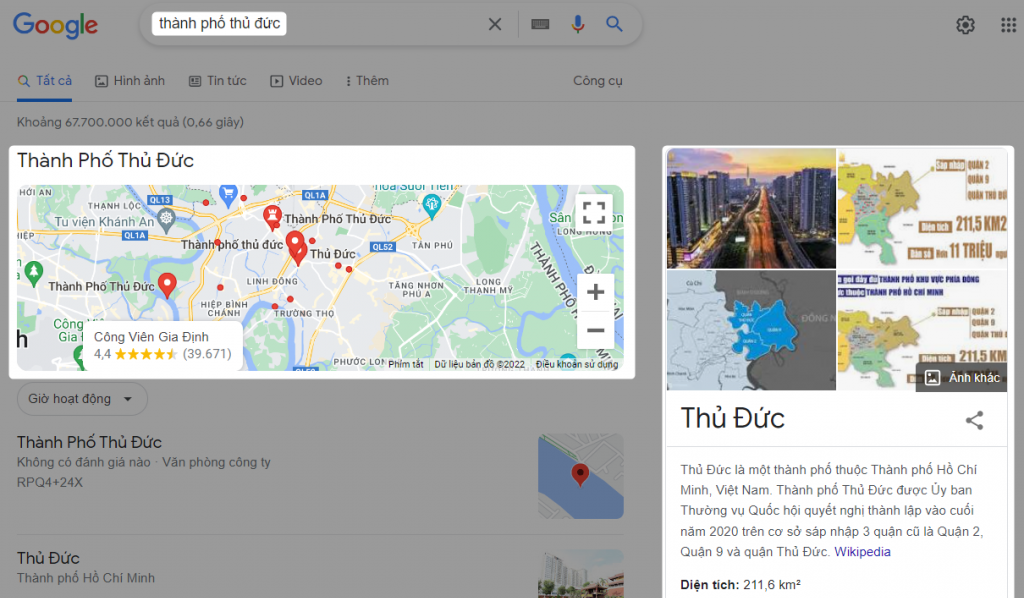 Kết quả tìm kiếm Google với cụm từ "thành phố thủ đức"