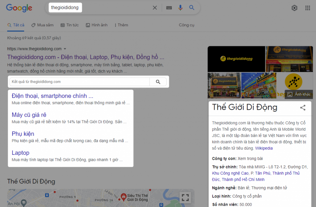 Kết quả tìm kiếm Google với cụm từ "thegioididong"