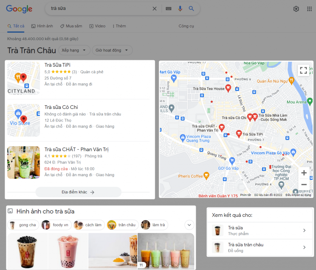 Kết quả tìm kiếm Google với cụm từ "trà sữa"