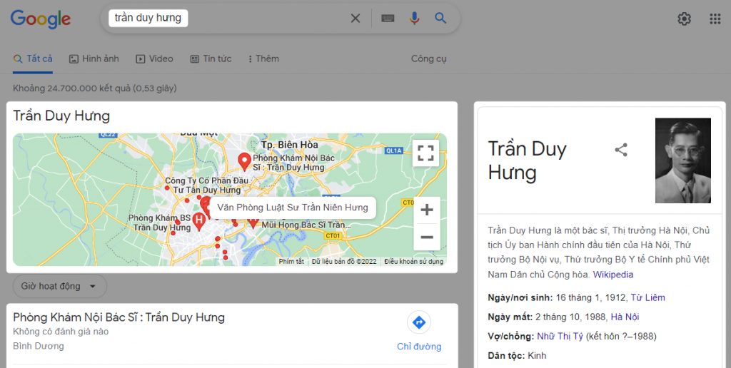 Kết quả tìm kiếm Google với cụm từ "trần duy hưng"