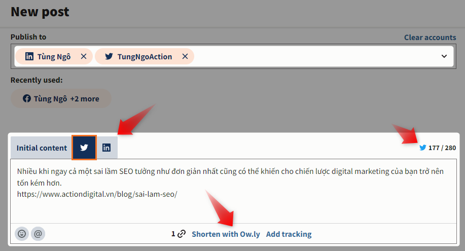 Chọn kênh và soạn nội dung khi đăng bài mới bằng Hootsuite
