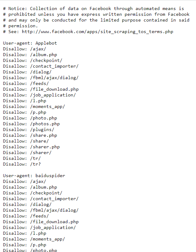  Đây là file robots.txt của Facebook