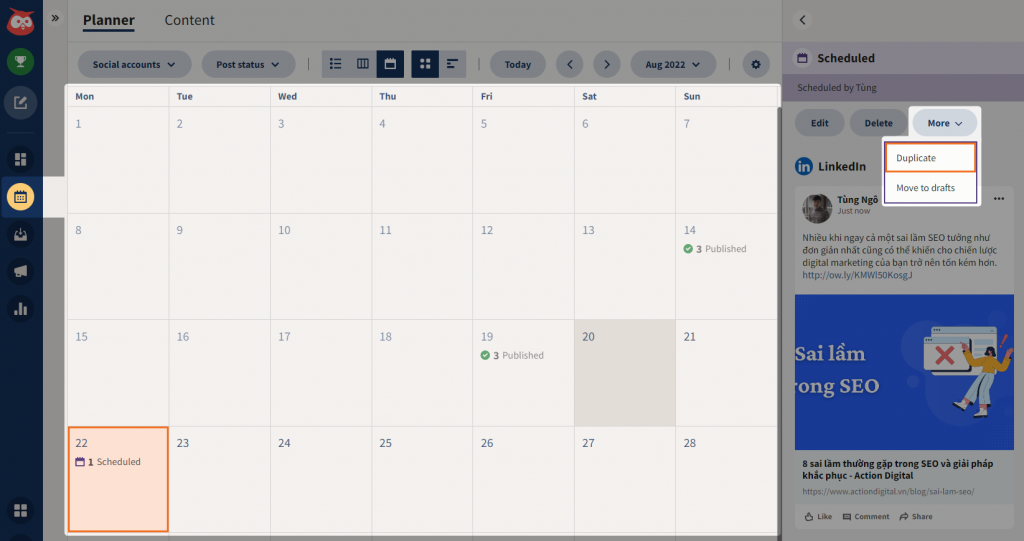 Giao diện Planner của Hootsuite có dạng bảng calendar