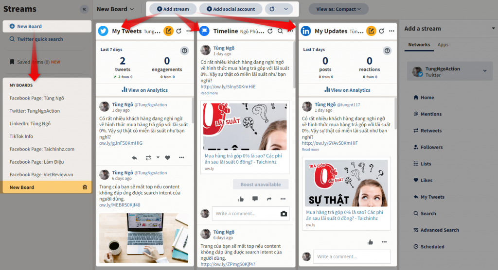 Tính năng Streams của Hootsuite giúp theo dõi đa kênh trên cùng 1 board